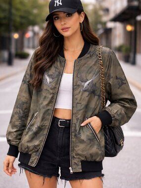Rock & Republic Camo Bomber Jacket M Lightweight Zip Streetwear Chic